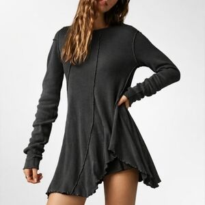 Free People We The Free Black Full Swing Tunic Raw Hem Boho Ribbed Long Sleeve S
